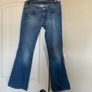 True Religion Bobby low-rise/bootcut blue jeans.  Lightly worn.  So cute!!
